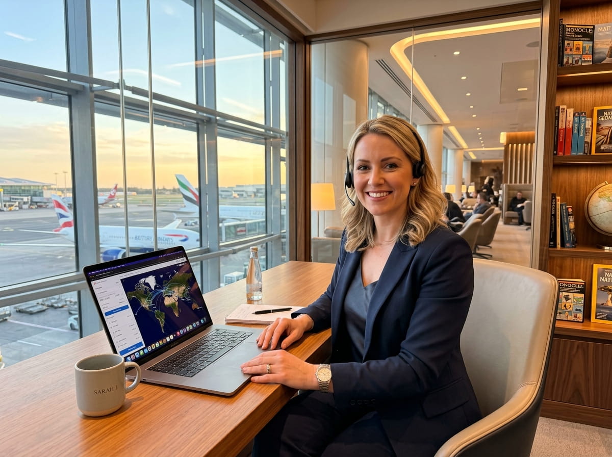 Friendly Travel Assist Desk consultant reviewing airline routes